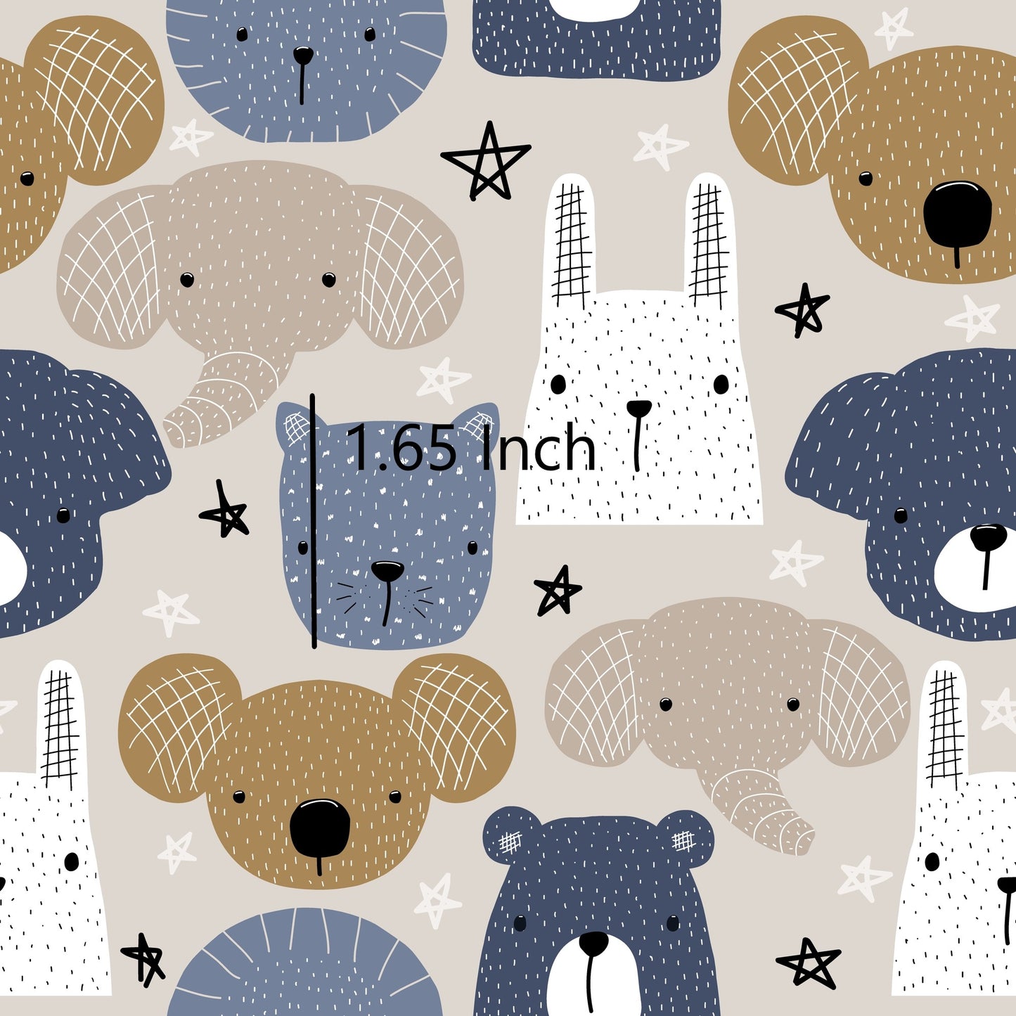 Animal Faces & Stars (91cm Remnant) - Woven Cotton Fabric (A couple of small dirt marks)