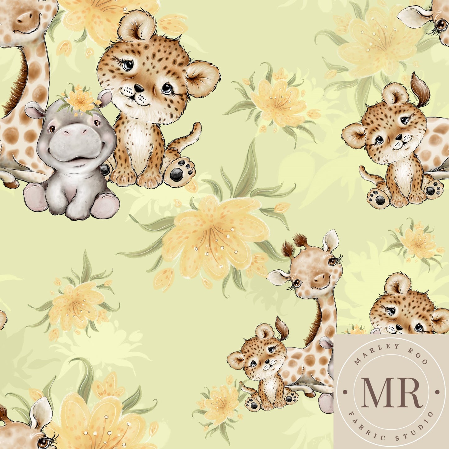 Baby African Animals - Green - Woven Cotton Fabric