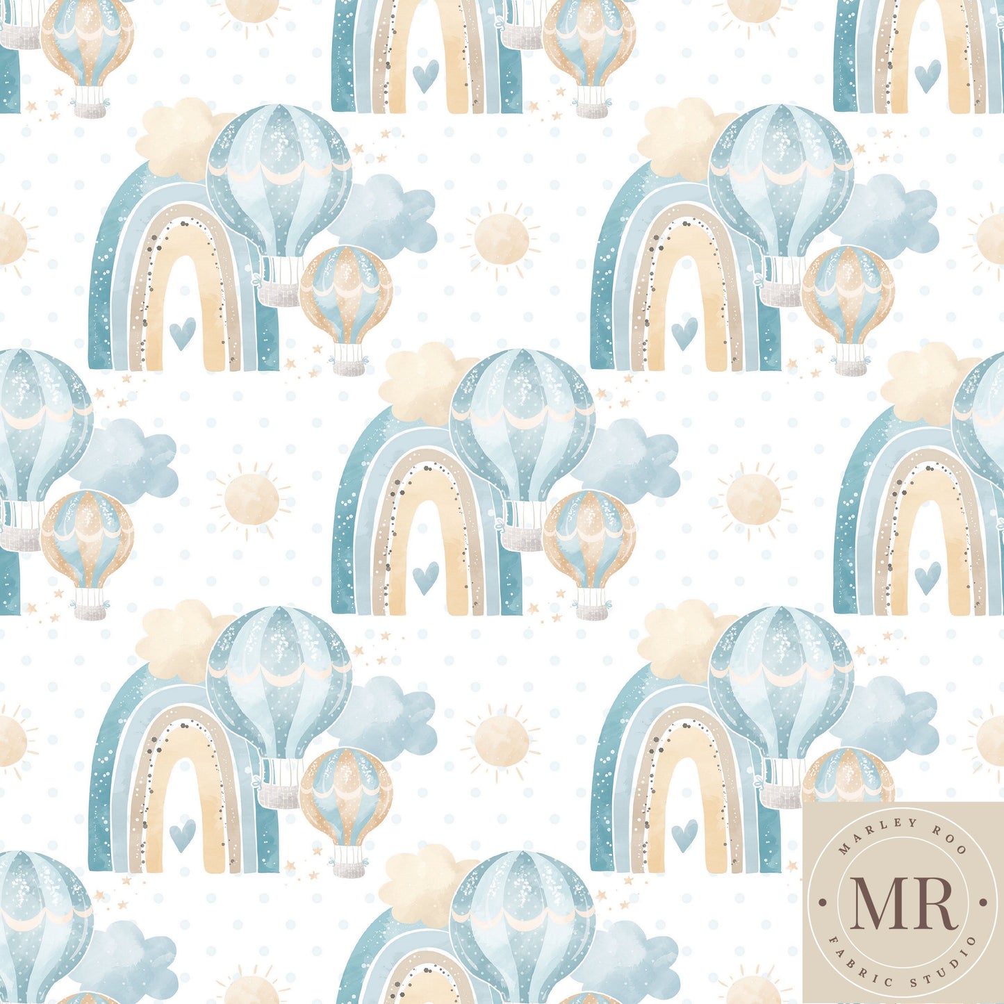 May Pre Order - Blue Rainbow & Hot Air Balloons On White