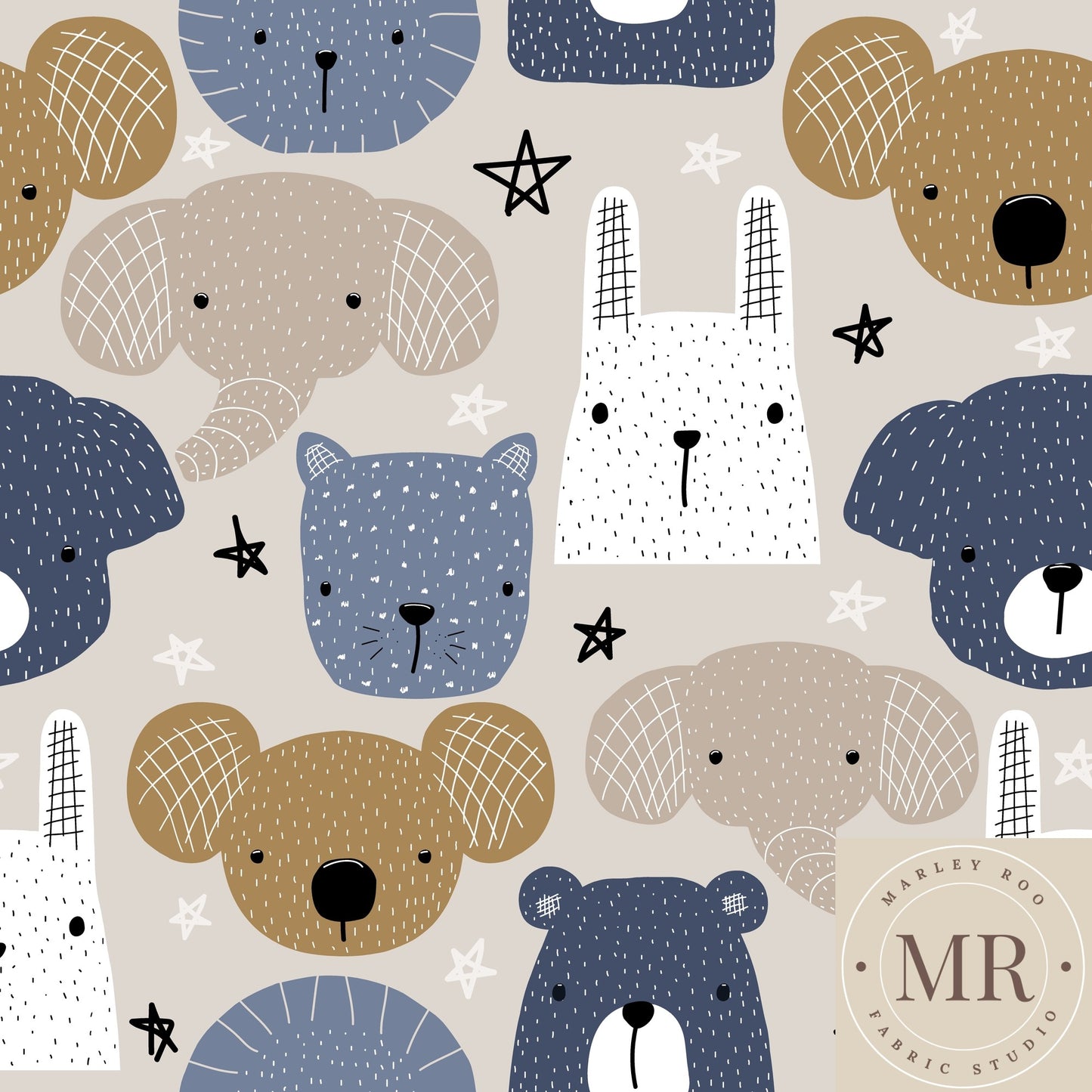 Animal Faces & Stars (91cm Remnant) - Woven Cotton Fabric (A couple of small dirt marks)