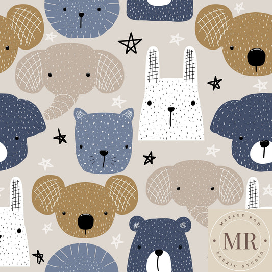 Animal Faces & Stars (91cm Remnant) - Woven Cotton Fabric (A couple of small dirt marks)