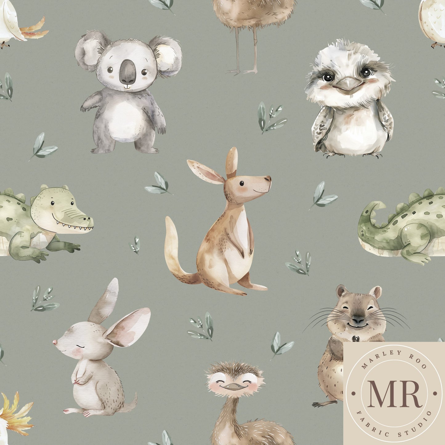 Aussie Animals 2.5" - Moss - Woven Cotton Fabric