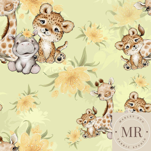 Baby African Animals - Green - Woven Cotton Fabric