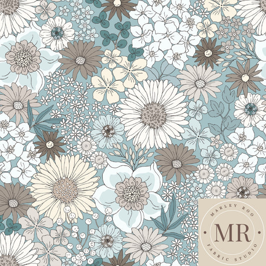 Blue Daisy - Woven Twill Cotton Fabric (Printed darker then usual)