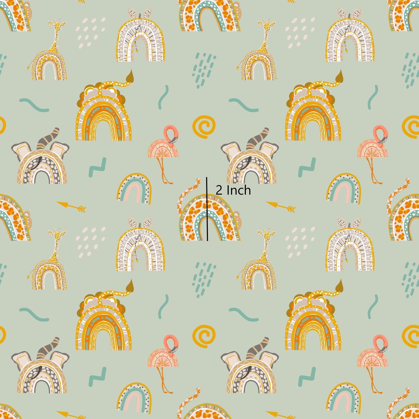 Boho Rainbow Animals on sage - Woven Cotton Twill Fabric