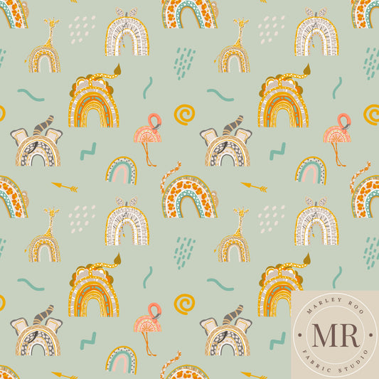 Boho Rainbow Animals on sage - Woven Cotton Twill Fabric