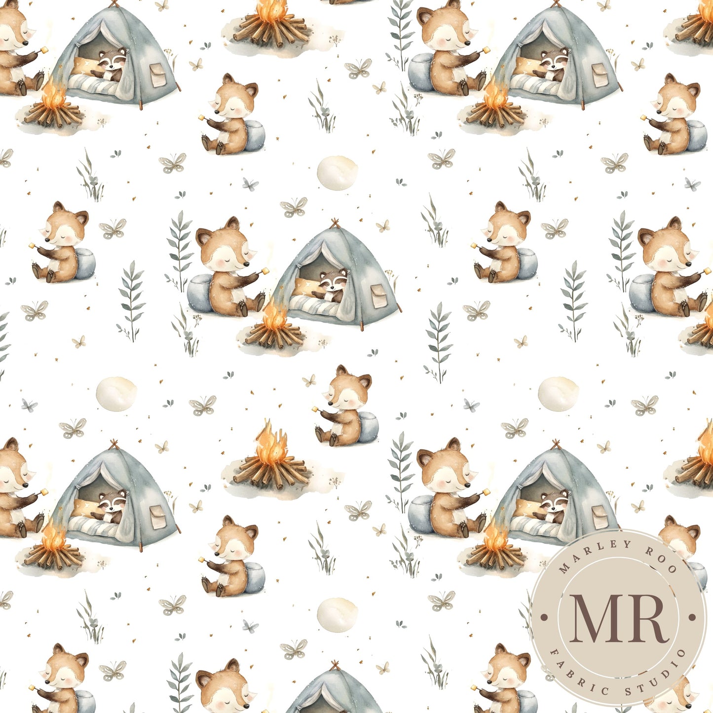 Camping Fox - 1.5" - Woven Cotton Fabric