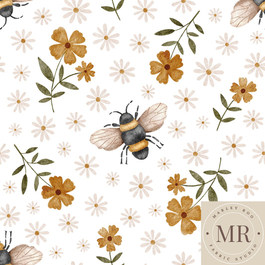 Floral Bees 1.5" - Woven Cotton Fabric