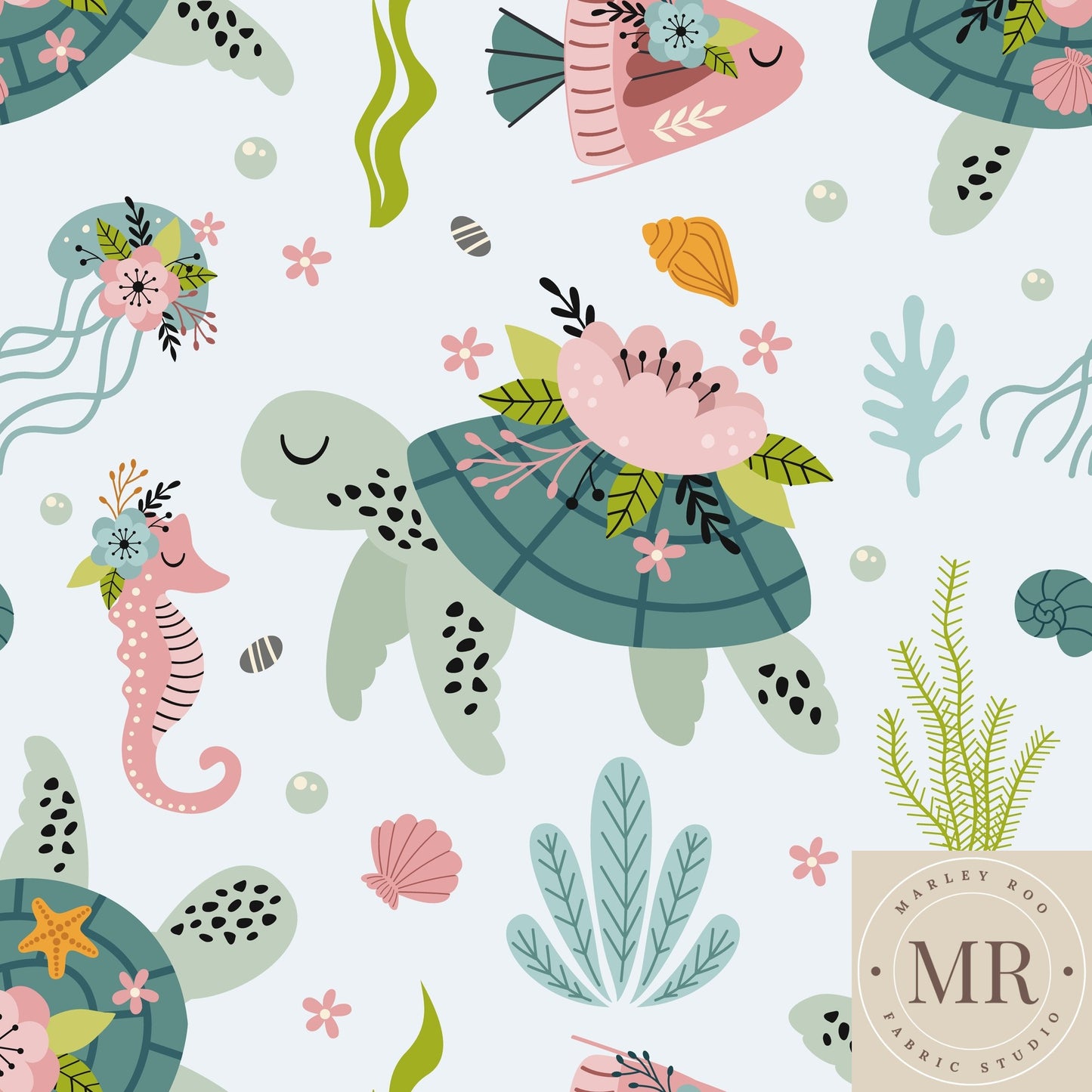 Floral Turtle - Woven Cotton Fabric