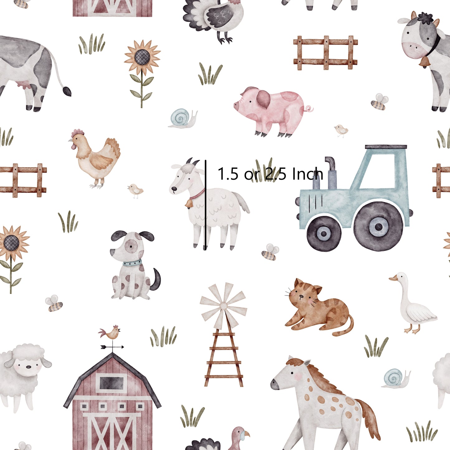 Spring Farm Animals 1.5" - Woven Cotton Fabric