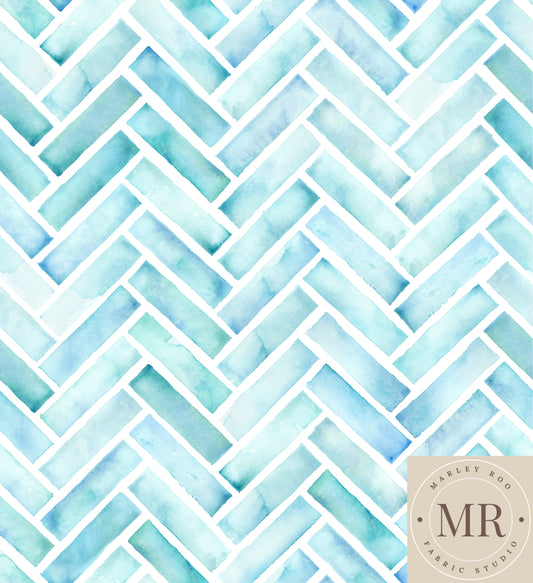 Blue Herringbone - Woven Cotton Fabric (slightly faded)